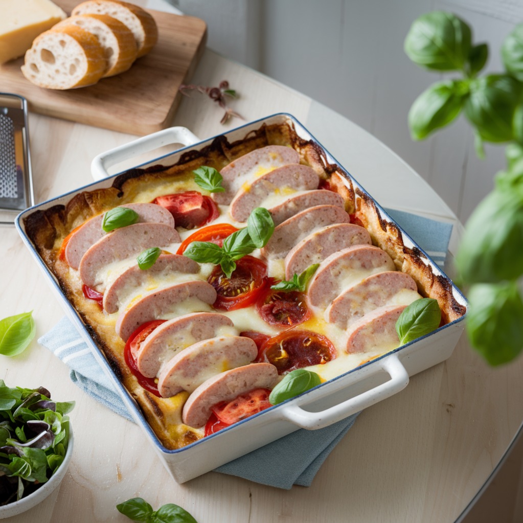 Boudin blanc, tomates et basilic